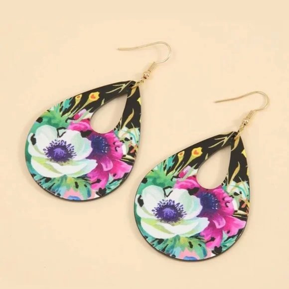 Polyresin Flower Print Water Drop Earrings - Picture 2 of 4